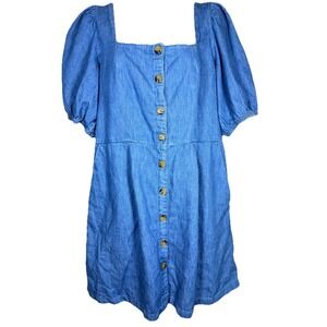 Old Navy Denim Dress Womens XL Button Front Puff Sleeve Cottagecore Blue